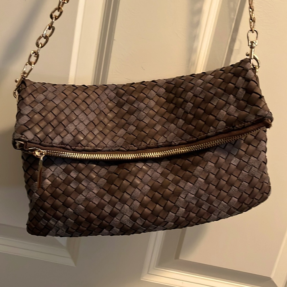 Deux Lux Woven Brown Crossbody with Gold Chain